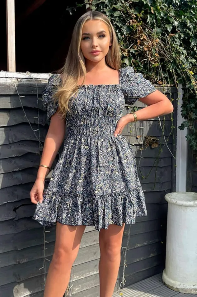 AX Paris Navy Printed Puff Sleeve Shirred Mini Dress Women Dresses