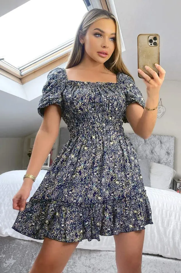 AX Paris Navy Printed Puff Sleeve Shirred Mini Dress Women Dresses
