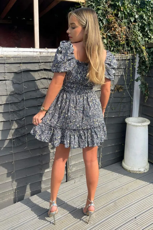 AX Paris Navy Printed Puff Sleeve Shirred Mini Dress Women Dresses