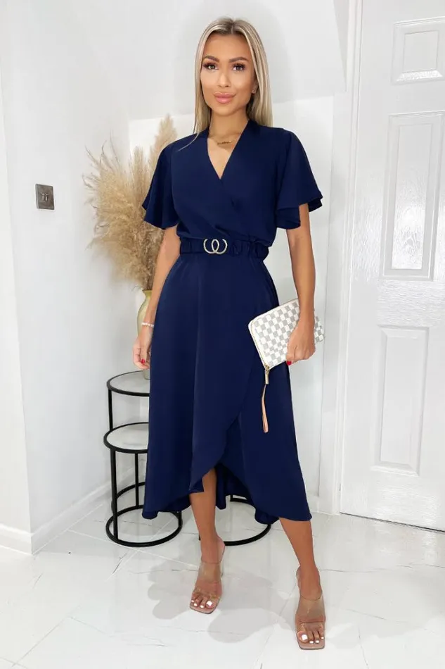 AX Paris Navy Short Sleeve Belted Wrap Midi Dress Women Dresses
