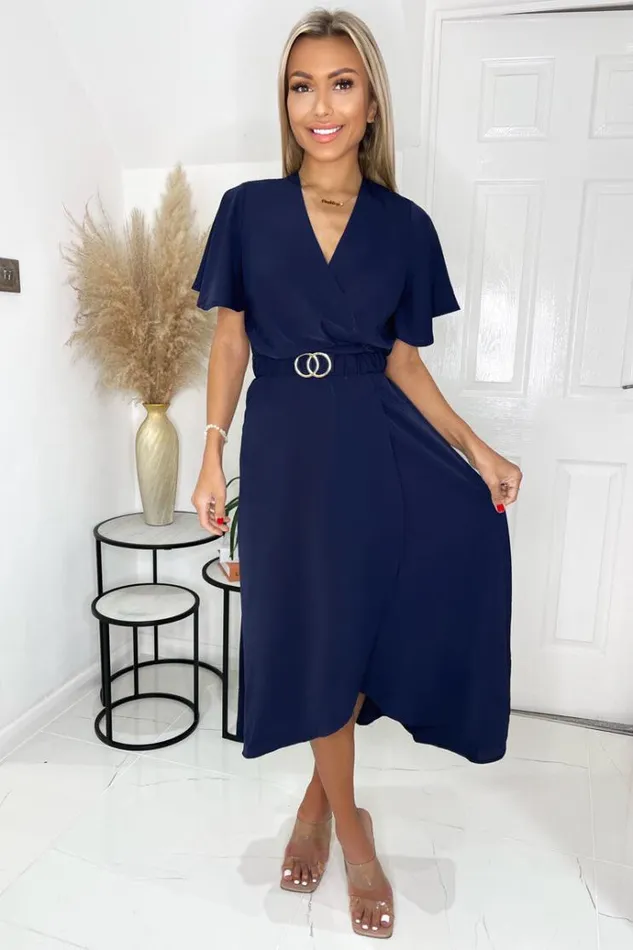 AX Paris Navy Short Sleeve Belted Wrap Midi Dress Women Dresses