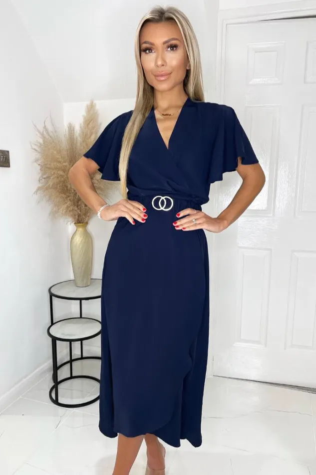 AX Paris Navy Short Sleeve Belted Wrap Midi Dress Women Dresses