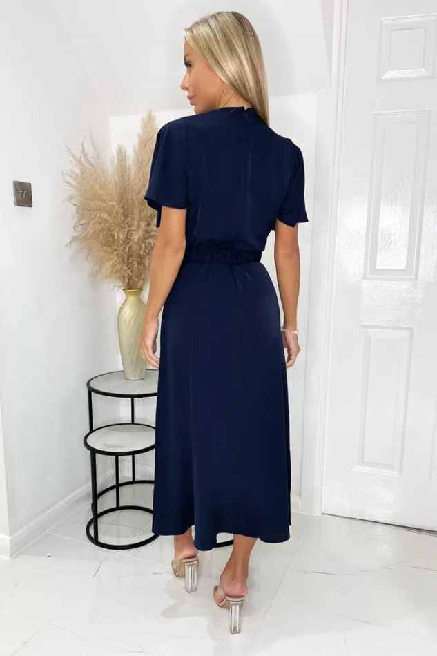 AX Paris Navy Short Sleeve Belted Wrap Midi Dress Women Dresses