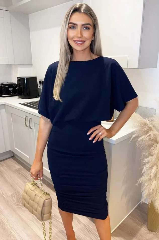 AX Paris Navy Short Sleeve Side Ruched Midi Dress Women Dresses