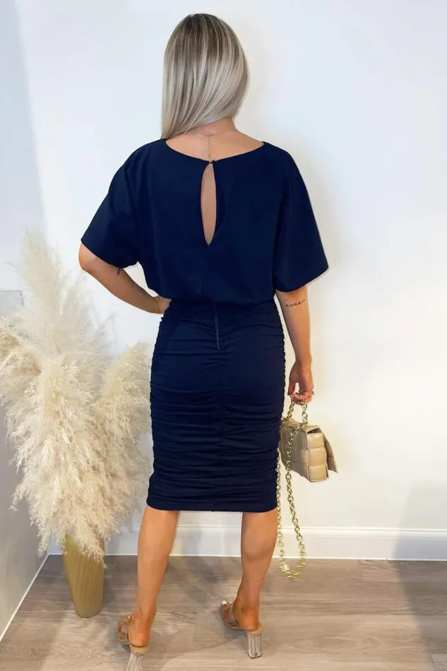 AX Paris Navy Short Sleeve Side Ruched Midi Dress Women Dresses
