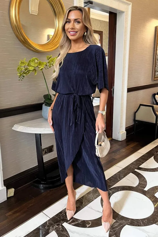 AX Paris Navy Short Sleeve Tie Waist Plisse Midi Dress Women Dresses