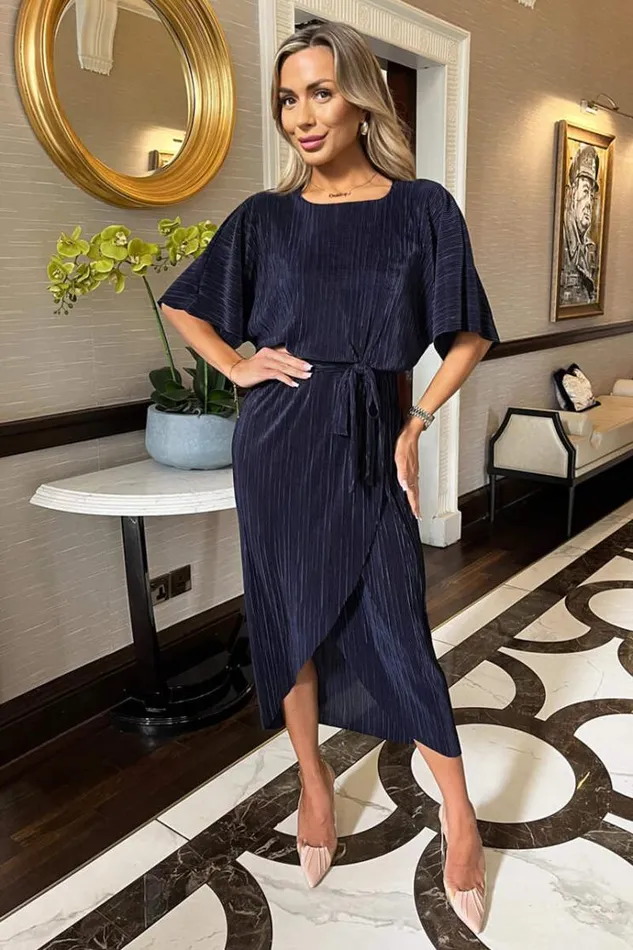 AX Paris Navy Short Sleeve Tie Waist Plisse Midi Dress Women Dresses