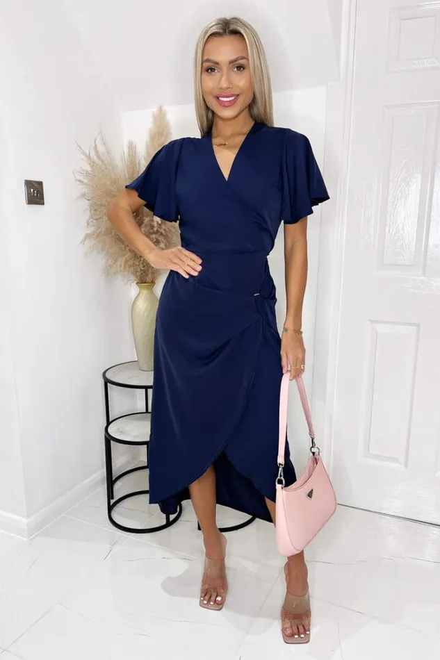 AX Paris Navy Short Sleeve V Neck Gold Buckle Wrap Midi Dress Women Dresses