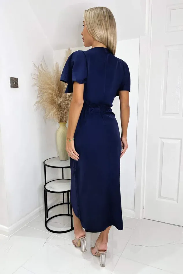 AX Paris Navy Short Sleeve V Neck Gold Buckle Wrap Midi Dress Women Dresses