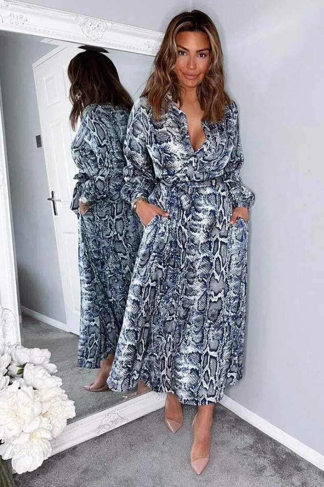 AX Paris Navy Snake Print Tie Waist Midi Shirt Dress Women Dresses