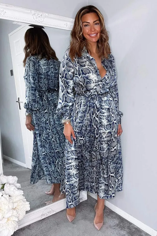 AX Paris Navy Snake Print Tie Waist Midi Shirt Dress Women Dresses
