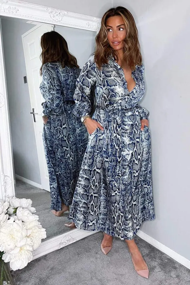 AX Paris Navy Snake Print Tie Waist Midi Shirt Dress Women Dresses