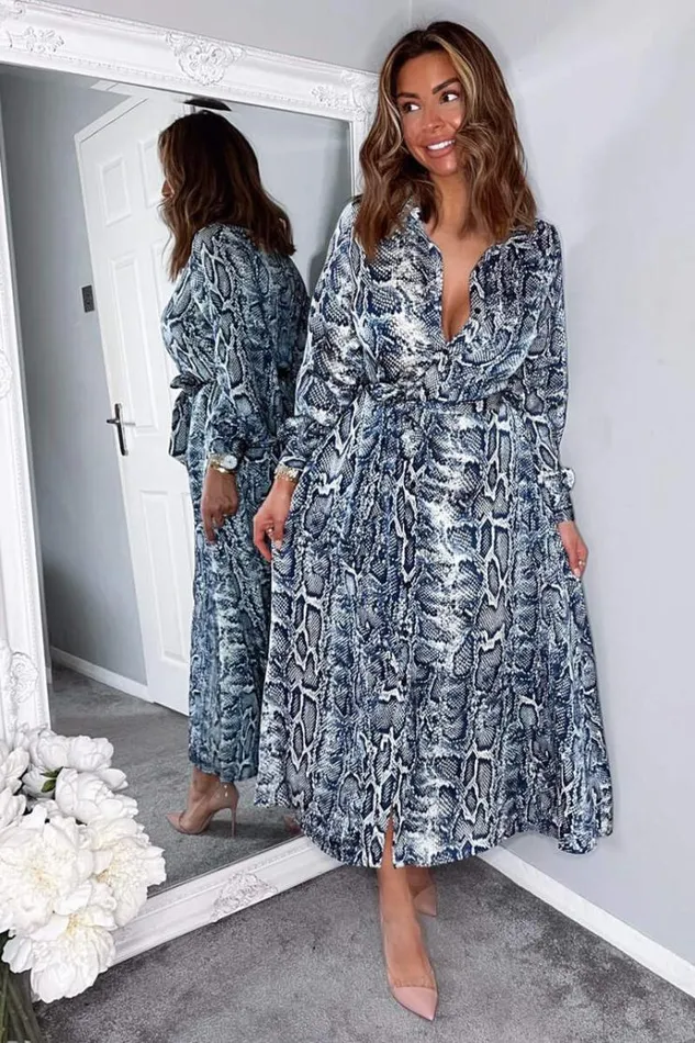 AX Paris Navy Snake Print Tie Waist Midi Shirt Dress Women Dresses