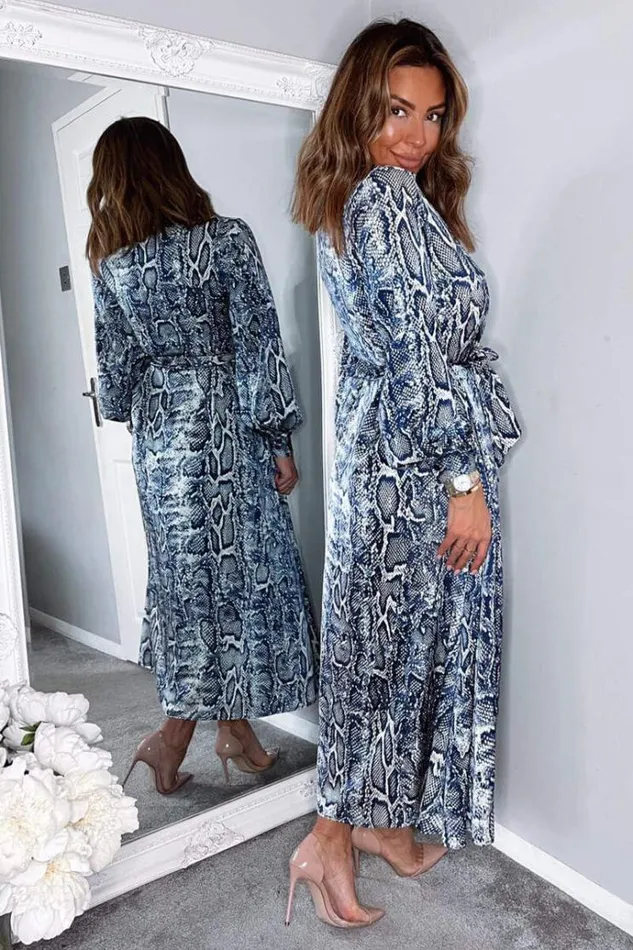 AX Paris Navy Snake Print Tie Waist Midi Shirt Dress Women Dresses