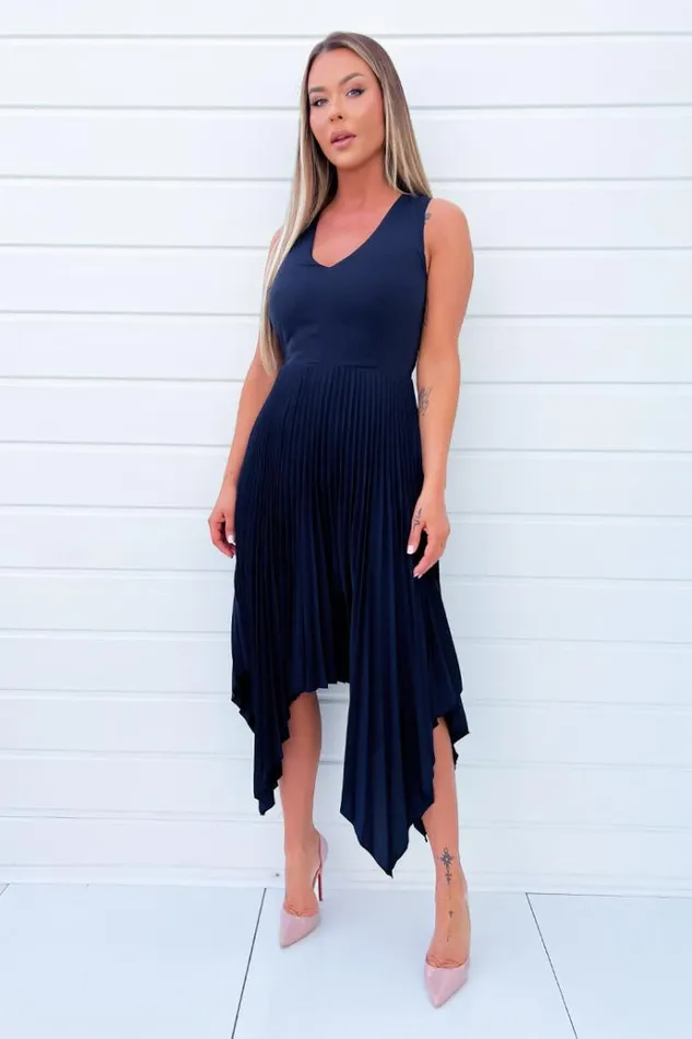 AX Paris Navy V Neck Pleated Skirt Belted Waist Midi Dress Women Dresses