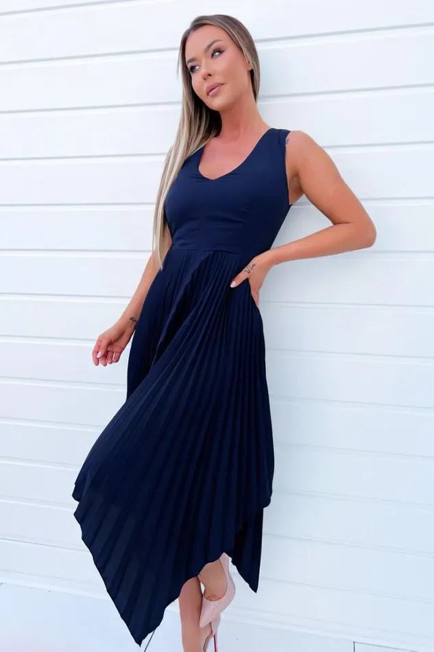 AX Paris Navy V Neck Pleated Skirt Belted Waist Midi Dress Women Dresses