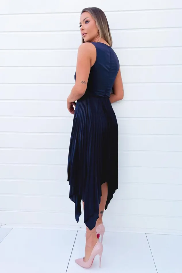 AX Paris Navy V Neck Pleated Skirt Belted Waist Midi Dress Women Dresses
