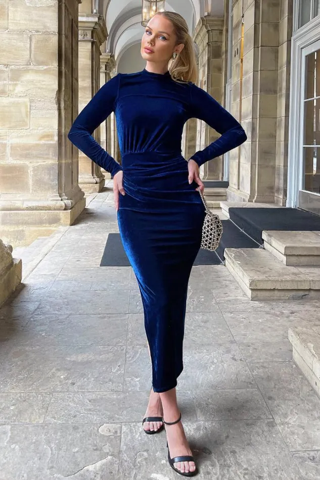 AX Paris Navy Velvet Long Sleeve Split Skirt Midi Dress Women Dresses