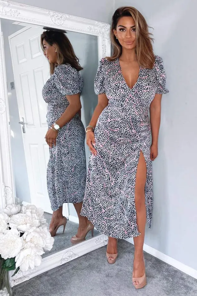 AX Paris Navy White And Pink Printed Ruched Side Midi Dress Women Dresses