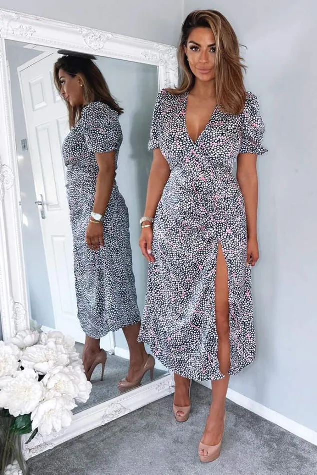 AX Paris Navy White And Pink Printed Ruched Side Midi Dress Women Dresses