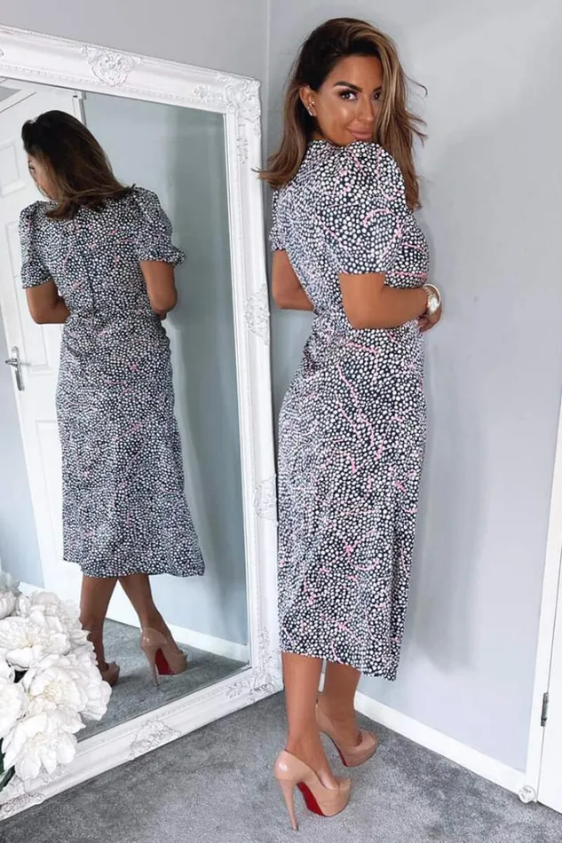 AX Paris Navy White And Pink Printed Ruched Side Midi Dress Women Dresses