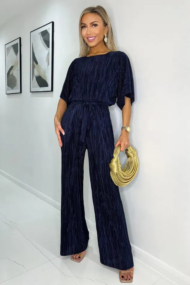 AX Paris Navy Wide Sleeve Tie Waist Plisse Jumpsuit Women Jumpsuits And Playsuits AX Paris Navy Wide Sleeve Tie Waist Plisse Jumpsuit Women Jumpsuits And Playsuits