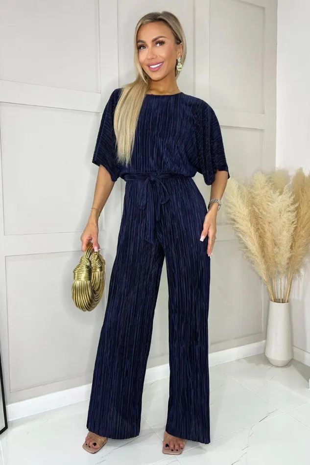 AX Paris Navy Wide Sleeve Tie Waist Plisse Jumpsuit Women Jumpsuits And Playsuits