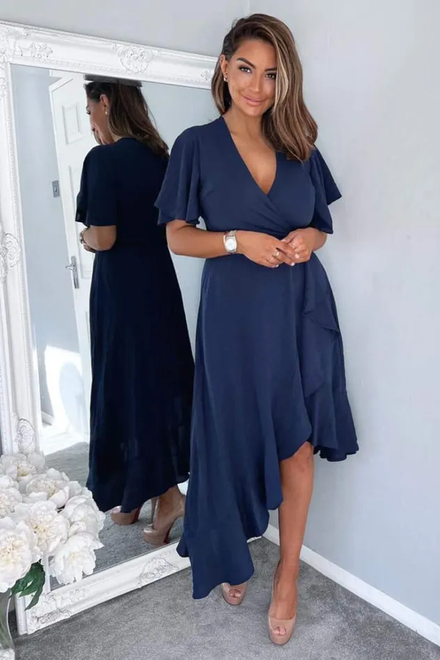 AX Paris Navy Wrap Over Top Frill Hem Midi Dress Women Dresses