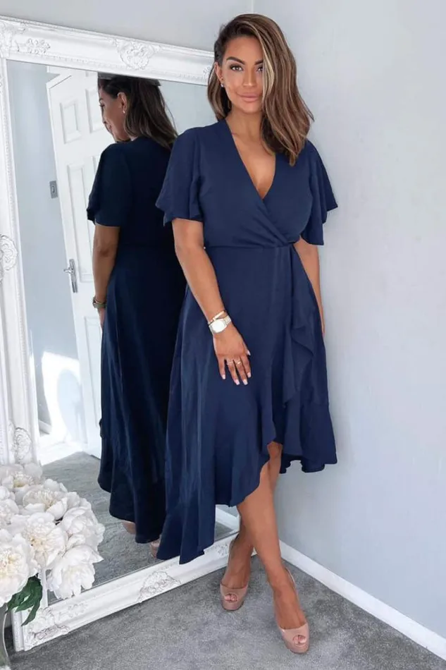 AX Paris Navy Wrap Over Top Frill Hem Midi Dress Women Dresses