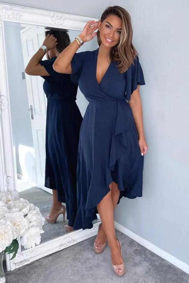 AX Paris Navy Wrap Over Top Frill Hem Midi Dress Women Dresses