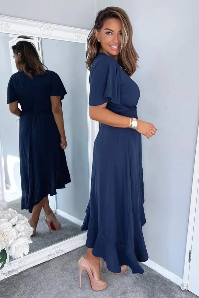 AX Paris Navy Wrap Over Top Frill Hem Midi Dress Women Dresses