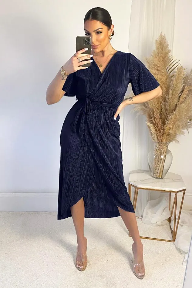 AX Paris Navy Wrap Top Belted Short Sleeve Plisse Midi Dress Women Dresses
