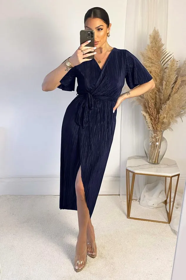 AX Paris Navy Wrap Top Belted Short Sleeve Plisse Midi Dress Women Dresses