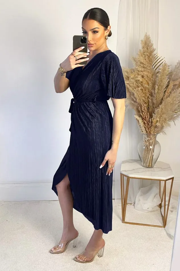 AX Paris Navy Wrap Top Belted Short Sleeve Plisse Midi Dress Women Dresses