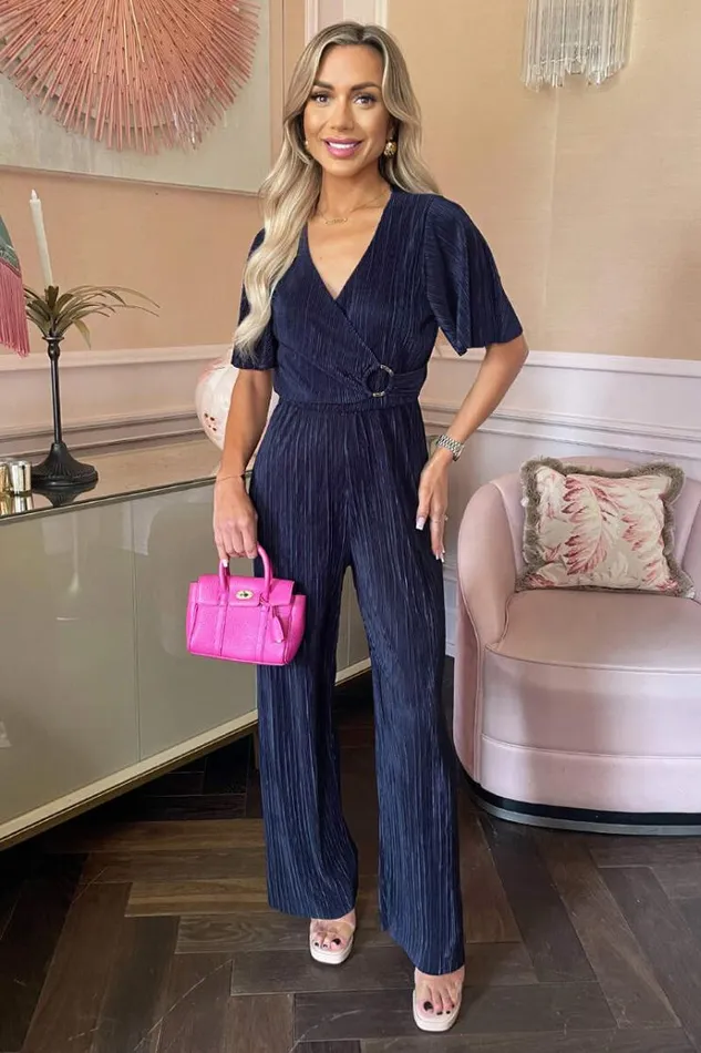 AX Paris Navy Wrap Top Short Sleeve Plisse Jumpsuit Women Jumpsuits And Playsuits AX Paris Navy Wrap Top Short Sleeve Plisse Jumpsuit Women Jumpsuits And Playsuits