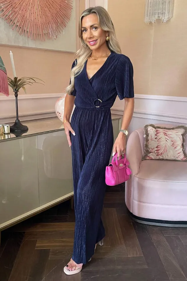 AX Paris Navy Wrap Top Short Sleeve Plisse Jumpsuit Women Jumpsuits And Playsuits
