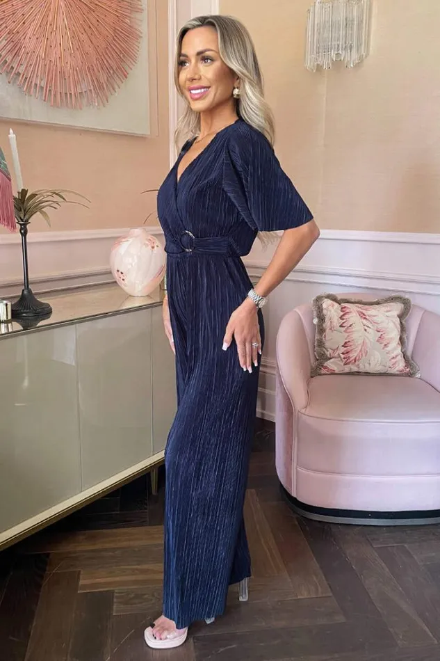 AX Paris Navy Wrap Top Short Sleeve Plisse Jumpsuit Women Jumpsuits And Playsuits