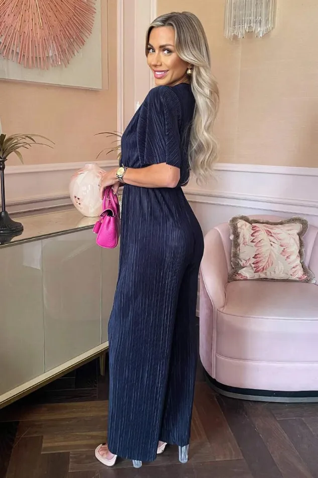 AX Paris Navy Wrap Top Short Sleeve Plisse Jumpsuit Women Jumpsuits And Playsuits