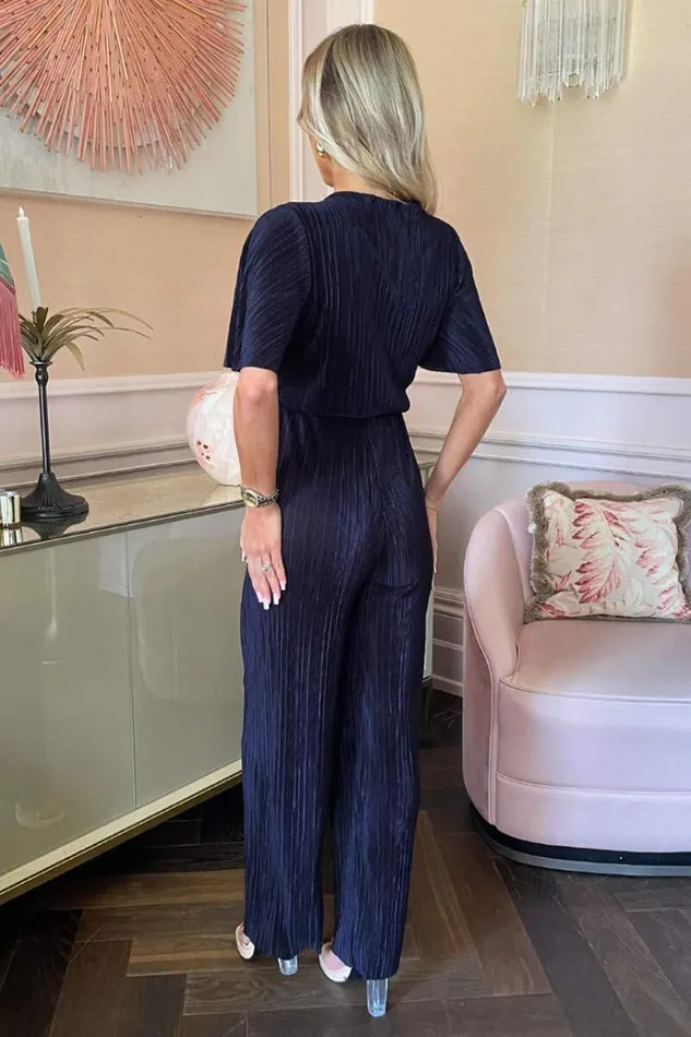 AX Paris Navy Wrap Top Short Sleeve Plisse Jumpsuit Women Jumpsuits And Playsuits