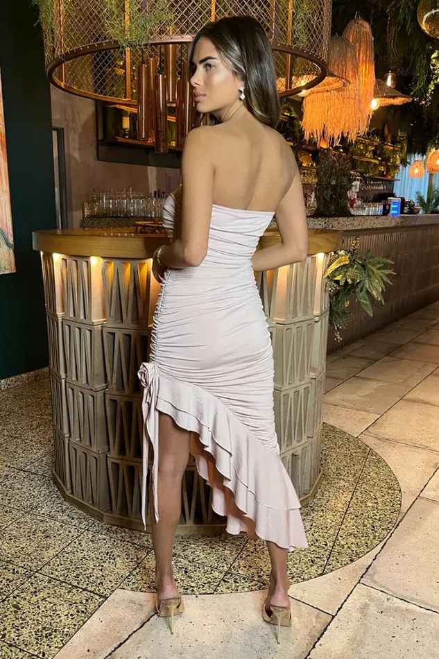 AX Paris Nude Bandeau Ruched Asymmetrical Frill Midi Dress With Flower Detail Women Dresses