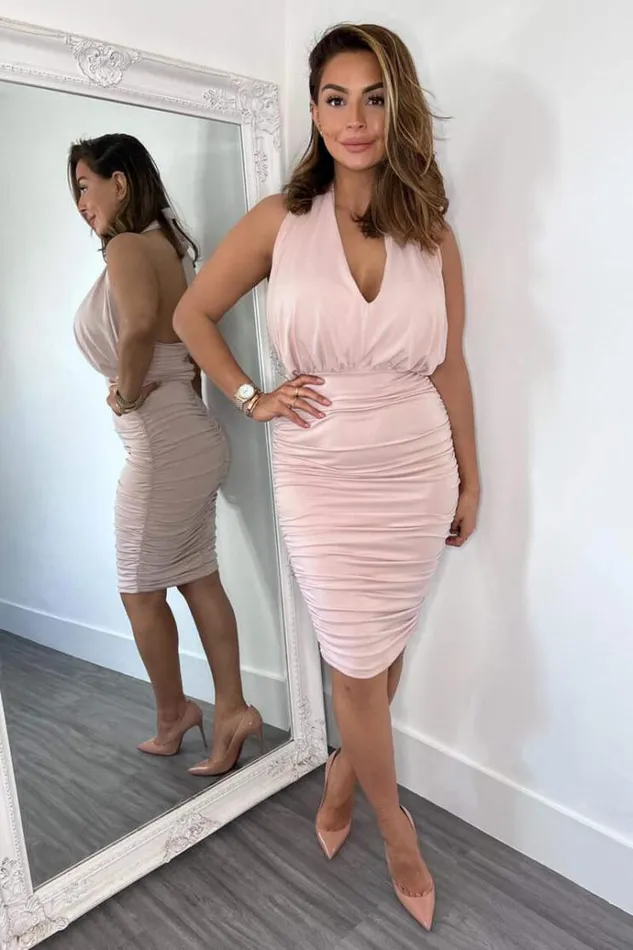 AX Paris Nude Halter Tie Neck Ruched Midi Bodycon Dress Women Dresses