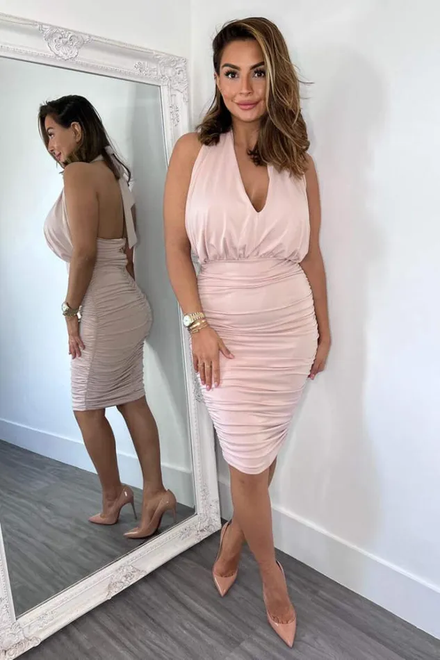 AX Paris Nude Halter Tie Neck Ruched Midi Bodycon Dress Women Dresses