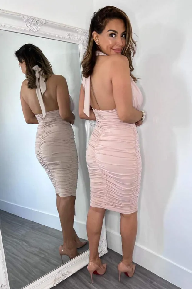AX Paris Nude Halter Tie Neck Ruched Midi Bodycon Dress Women Dresses
