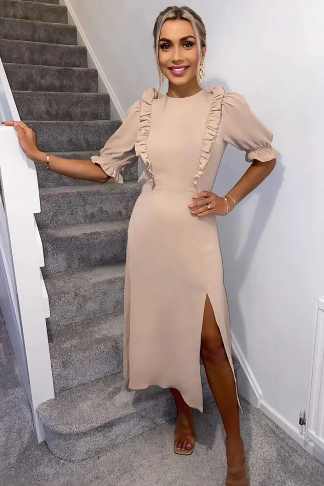AX Paris Nude Ruffle Split Leg Midi Dress Women Dresses