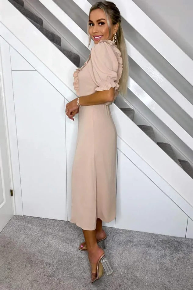 AX Paris Nude Ruffle Split Leg Midi Dress Women Dresses