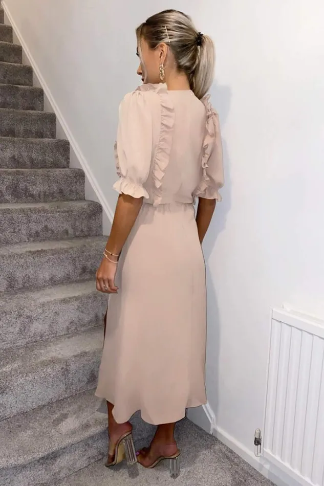 AX Paris Nude Ruffle Split Leg Midi Dress Women Dresses