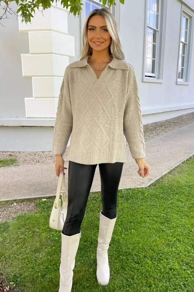 AX Paris Oatmeal Collared Cable Knit Jumper Women Knitwear