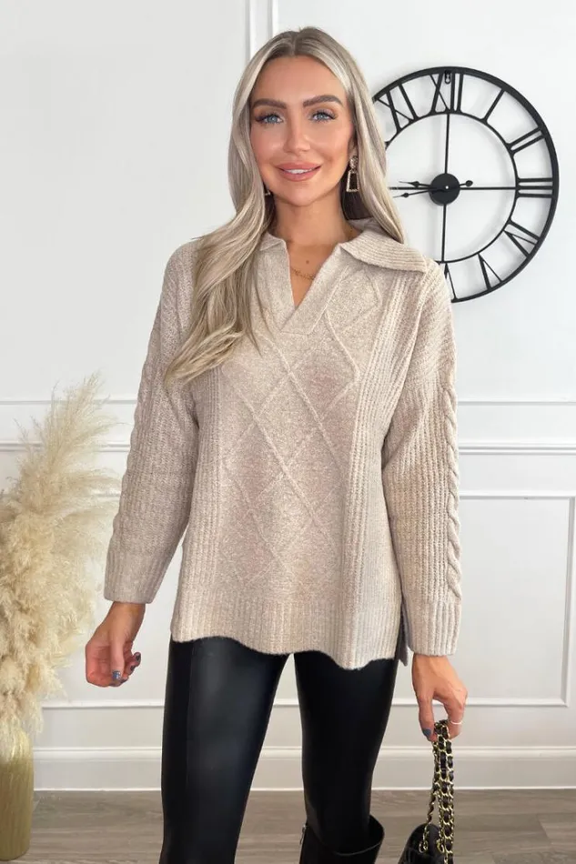 AX Paris Oatmeal Collared Cable Knit Jumper Women Knitwear
