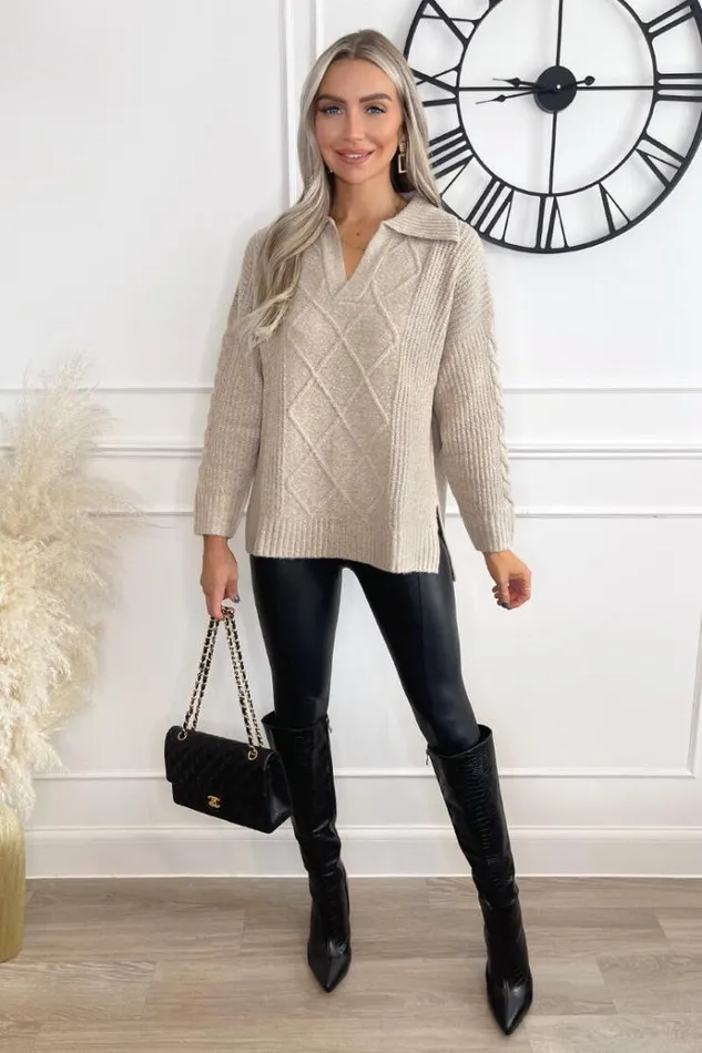 AX Paris Oatmeal Collared Cable Knit Jumper Women Knitwear