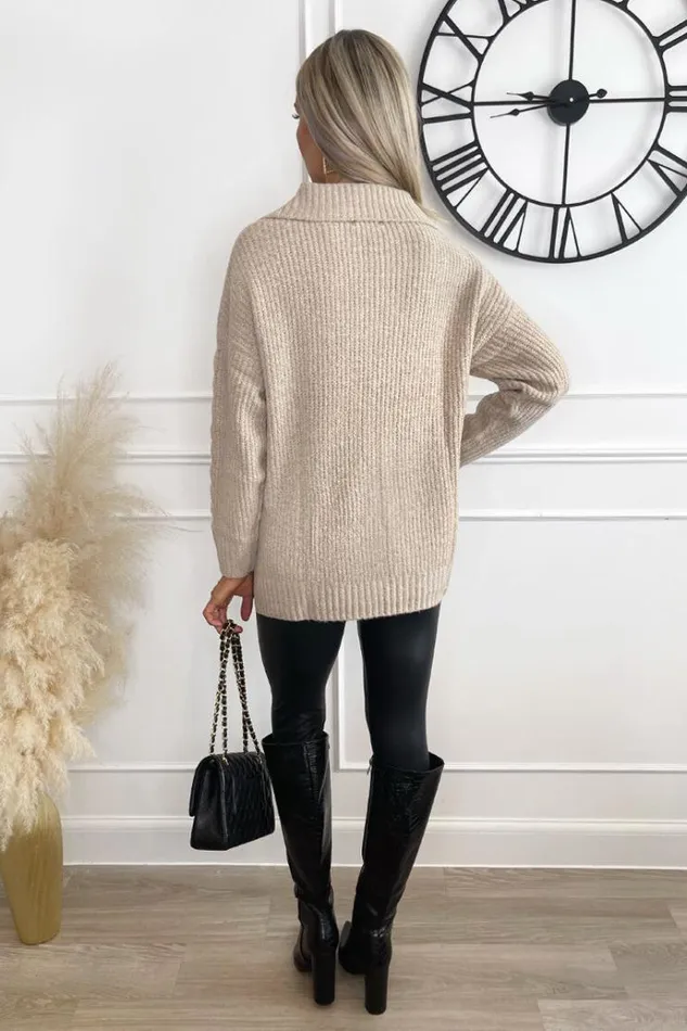 AX Paris Oatmeal Collared Cable Knit Jumper Women Knitwear